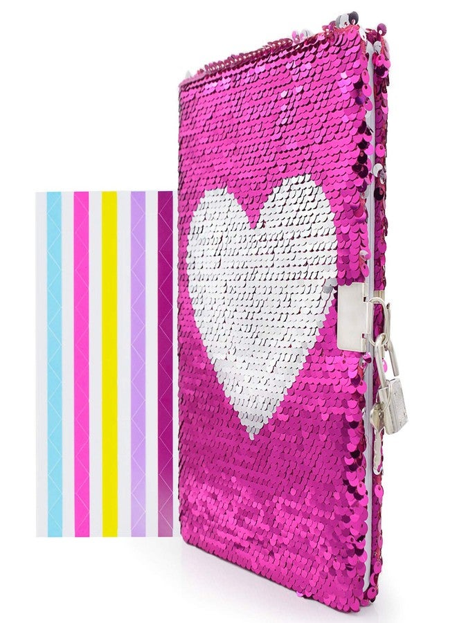 VIPbuy Magic Reversible Sequin Notebook Diary Lined Travel Journal with Lock and Key for Kids Girls, Size A5 (8.5” x 5.5”), 78 Sheets (Heart) - Image 1