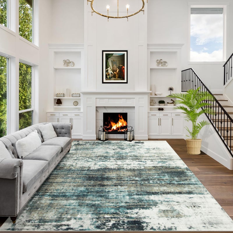 Gent drizz 8x10 Area Rugs Washable Rug: Large Modern Abstract Living Room Rug Soft Anti-Skid Thin Carpet Indoor Floor Non-Shedding Carpets for Bedroom Dining Room Farmhouse Nursery Home Office Green Multi - Image 1