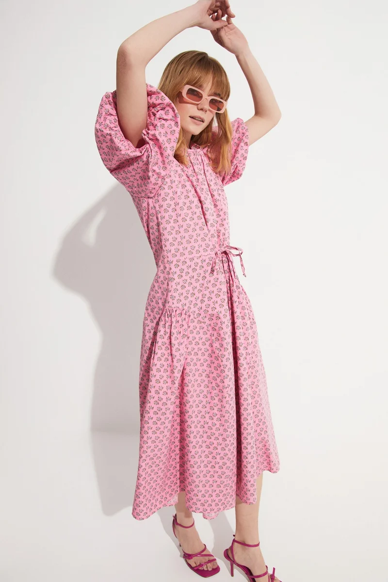 جون Women's A-cut Watermelon Sleeve Waist Tie Detail Patterned Midi Dress