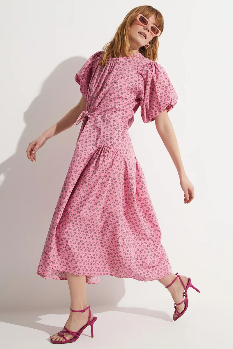 جون Women's A-cut Watermelon Sleeve Waist Tie Detail Patterned Midi Dress