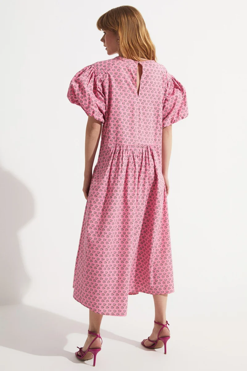 جون Women's A-cut Watermelon Sleeve Waist Tie Detail Patterned Midi Dress