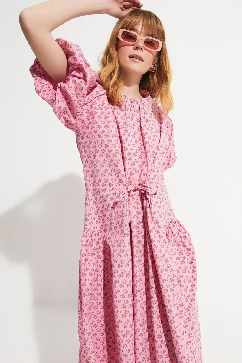 جون Women's A-cut Watermelon Sleeve Waist Tie Detail Patterned Midi Dress