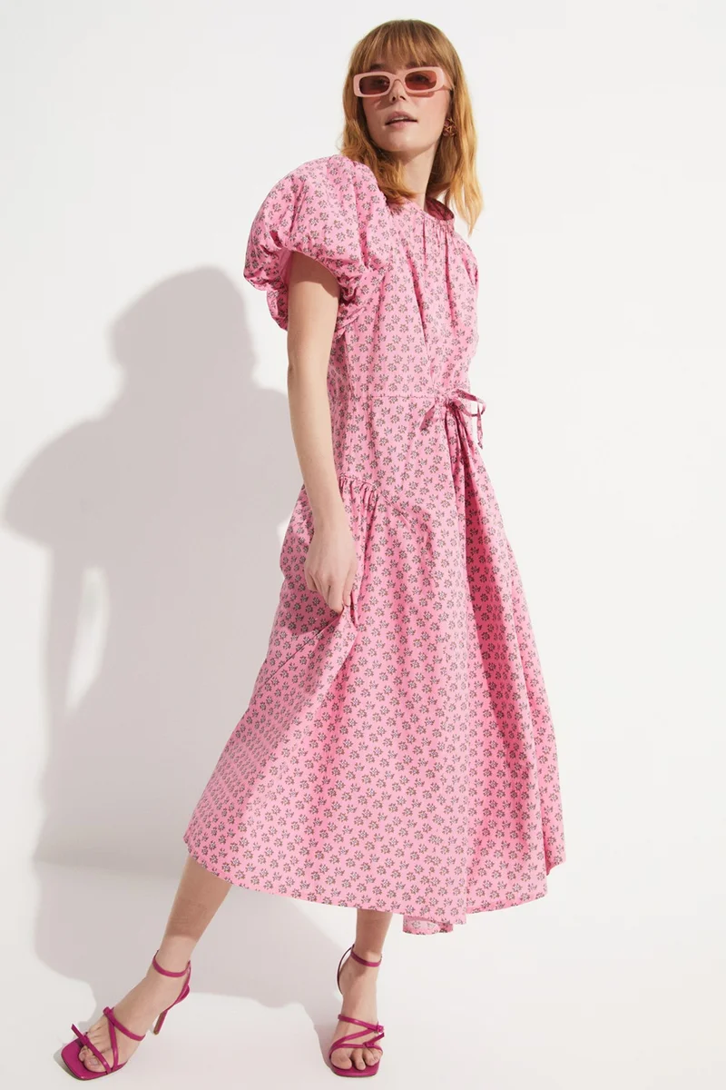 جون Women's A-cut Watermelon Sleeve Waist Tie Detail Patterned Midi Dress