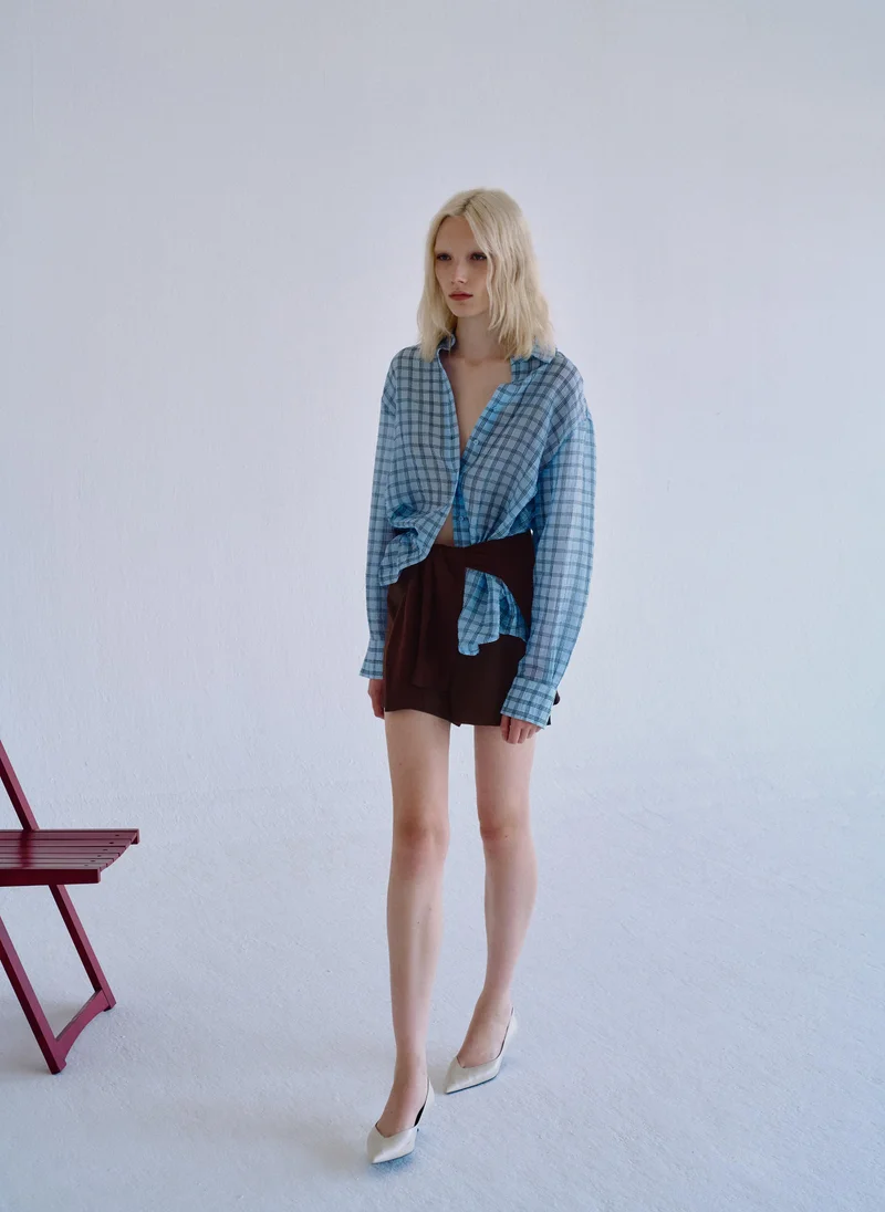 Mango 50-CELESTE Textured Checked Lyocell Shirt for Women | Best Price UAE