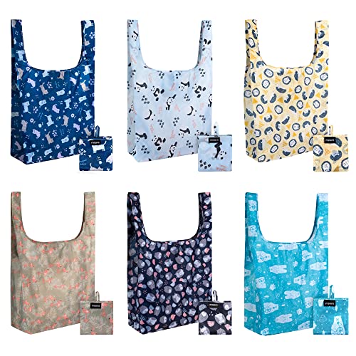 Masirs Reusable Grocery Bag (ANIMAL PATTERN | 6-PACK) - Reusable Ripstop Bags - Large, Strong Eco Friendly Bags - Foldable Shopping Bag - For Kitchen, Grocery & More - Packable Shopping Bag - Image 1