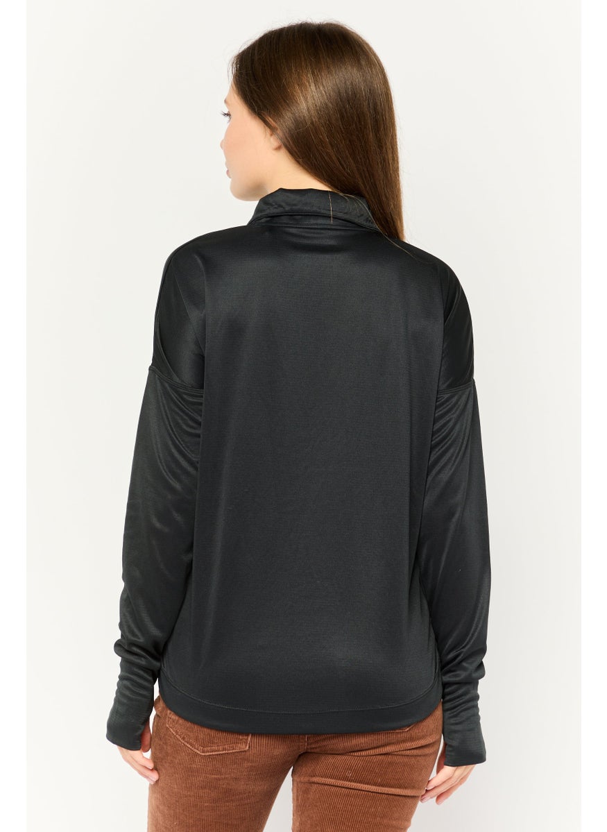 Asos 4505 - Women High Neck Long Sleeve Brand Logo Top, Black - Image 1