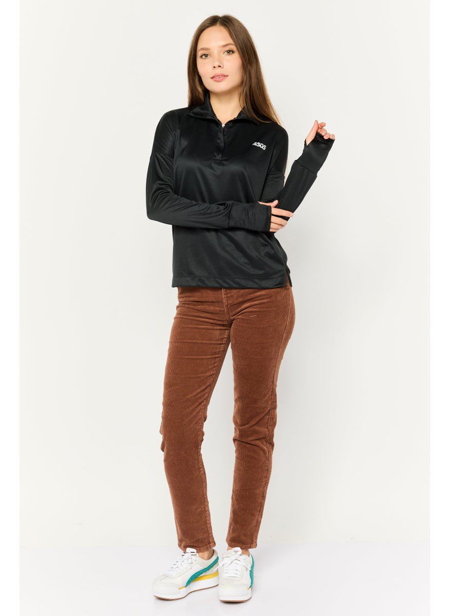 Asos 4505 - Women High Neck Long Sleeve Brand Logo Top, Black - Image 1