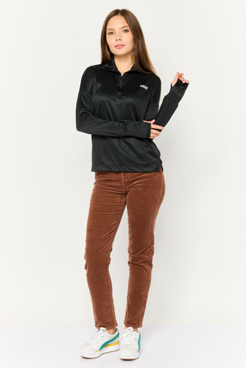 Women High Neck Long Sleeve Brand Logo Top, Black