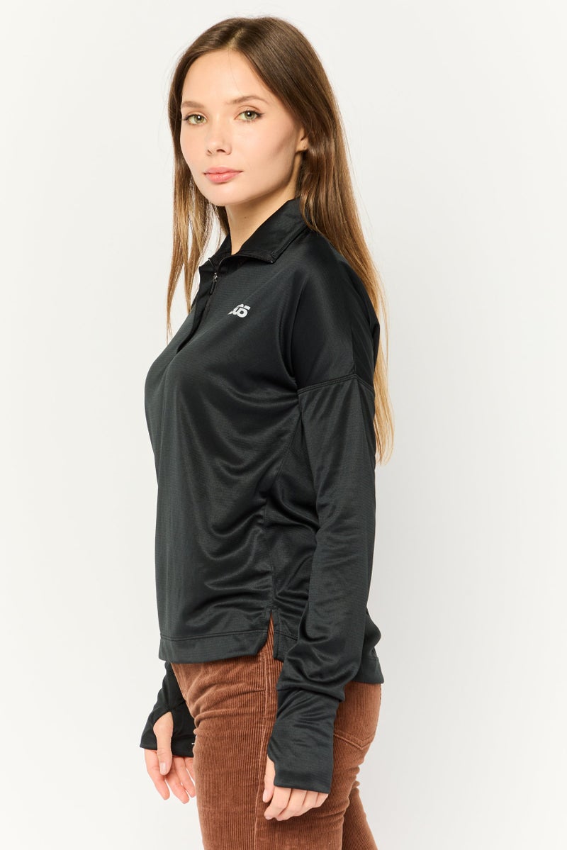 Women High Neck Long Sleeve Brand Logo Top, Black