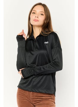 Women High Neck Long Sleeve Brand Logo Top, Black