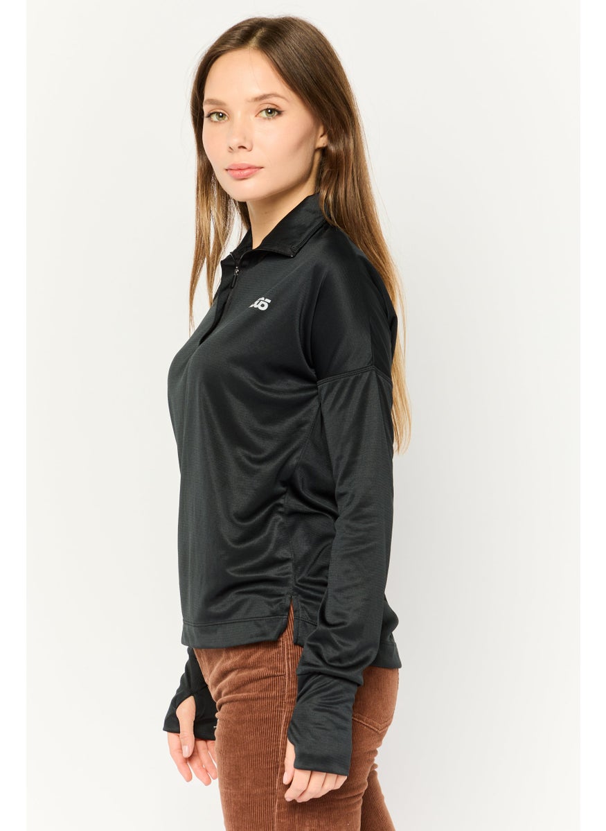 Asos 4505 - Women High Neck Long Sleeve Brand Logo Top, Black - Image 1