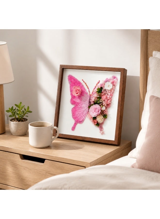 Pink Butterfly Preserved Flower Wall Art | 11x11 Inch Wooden Frame | Lasts 3-5 Years | Handmade Home Decor Gift for Valentine's Day, Birthday, Wedding & Anniversary - Image 2