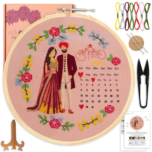picknMAKE DIY Hand Embroidery Kit for Beginners Adults & Kids | Shubh Vivah Theme with Printed Fabric, Calendar Design, Threads, Frame & Tools | Embroidery Kit Set – All Materials Included - Image 1