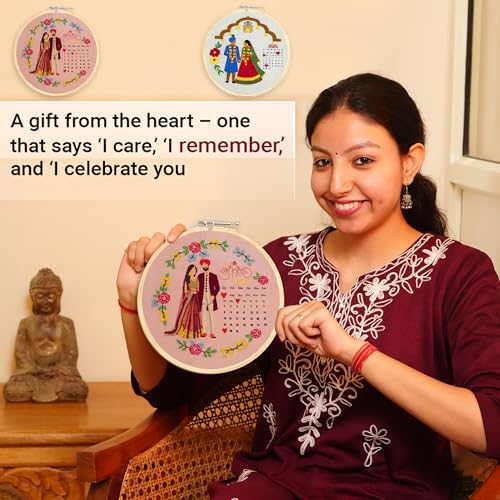 picknMAKE DIY Hand Embroidery Kit for Beginners Adults & Kids | Shubh Vivah Theme with Printed Fabric, Calendar Design, Threads, Frame & Tools | Embroidery Kit Set – All Materials Included - Image 5