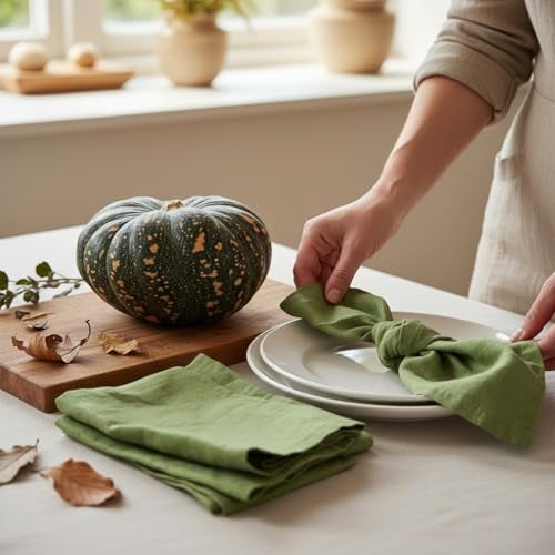 Eight Owls Linen Napkins –100% French Flax – Stonewashed Pure Linen Cloth Napkins - Size 18 Inch x 18 Inch – Set of 4 (Pepper Green) - Image 4