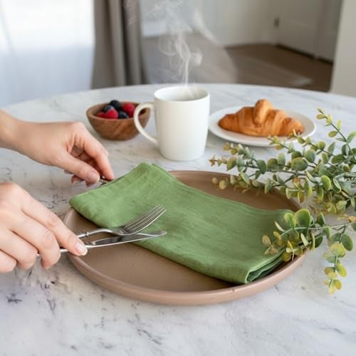 Eight Owls Linen Napkins –100% French Flax – Stonewashed Pure Linen Cloth Napkins - Size 18 Inch x 18 Inch – Set of 4 (Pepper Green) - Image 5