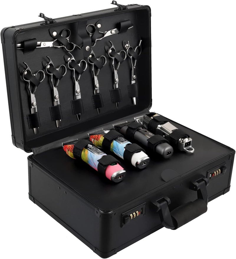 Kinglioncase Barber Case Clipper Bag Black, Hair Kit Tool Box Aluminum Organizer with Portable Handle and Secure Numlock for Scissors, Clippers, Barber Supplies 15.8" x 11" x 6.5" 