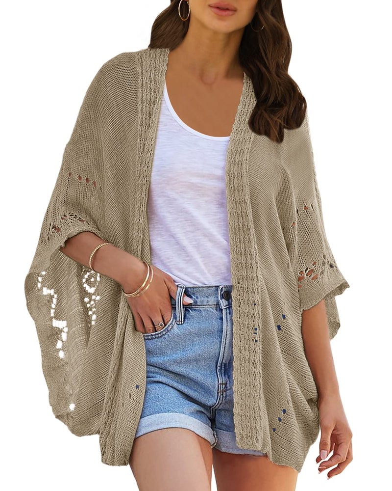 Ermonn Womens Lightweight Summer Kimono Cardigan Sweaters Open Front Half Sleeve Boho Soft Outerwear Khaki