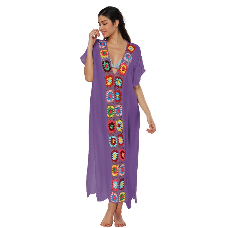 explosions cross-border hand hook stitching dress split sexy dress robe beach dress(Purple, Free size) - Image 1