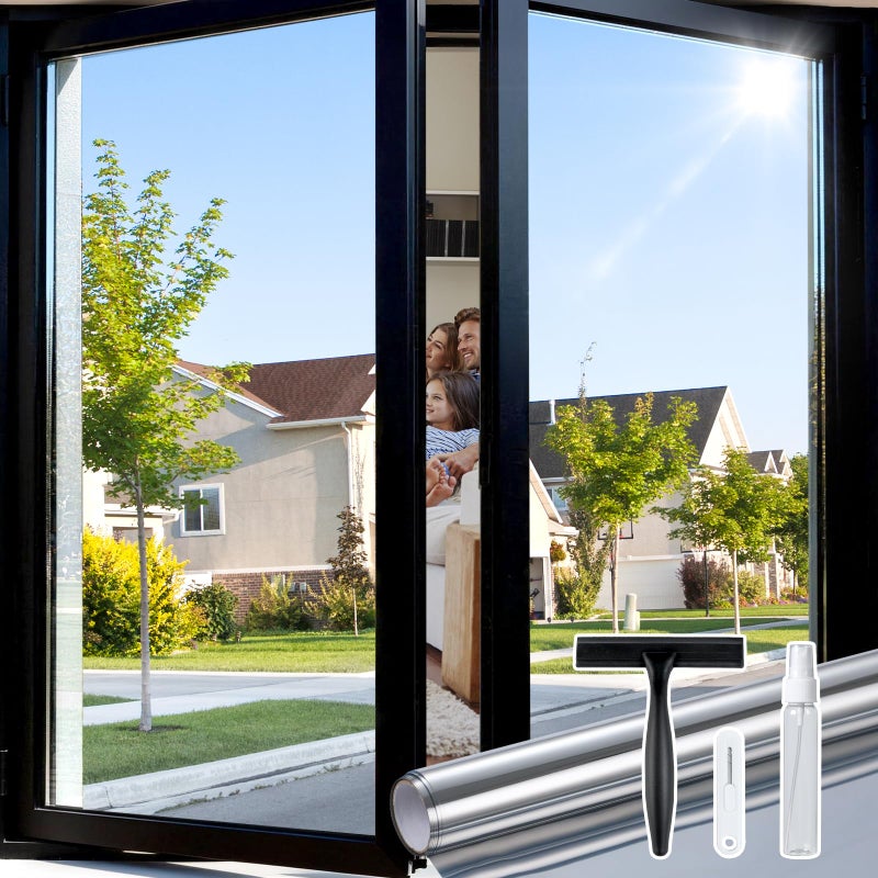rabbitgoo One Way Window Privacy Film Tint with 3 Tools for Home, Sun Heat UV Blocking Control Reflective Adhesive Mirror Tint See Out Not in Office Door Covering, Silver, 17.5 x 78.7 inches - Image 1