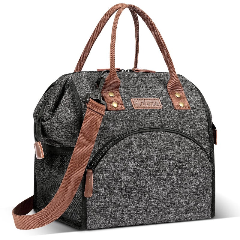 LOKASS Lunch Bag Insulated Lunch Box WideOpen Lunch Tote Bag Large Drinks Holder Durable Nylon Snacks Organizer with Removable Shoulder Strap for Women Men Adults Work OutdoorBlack