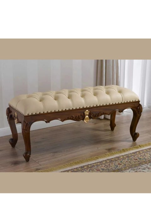 Baroque Style Hand Carved Teak Wood Button Tufted Bench (Walnut And Gold Leaf)