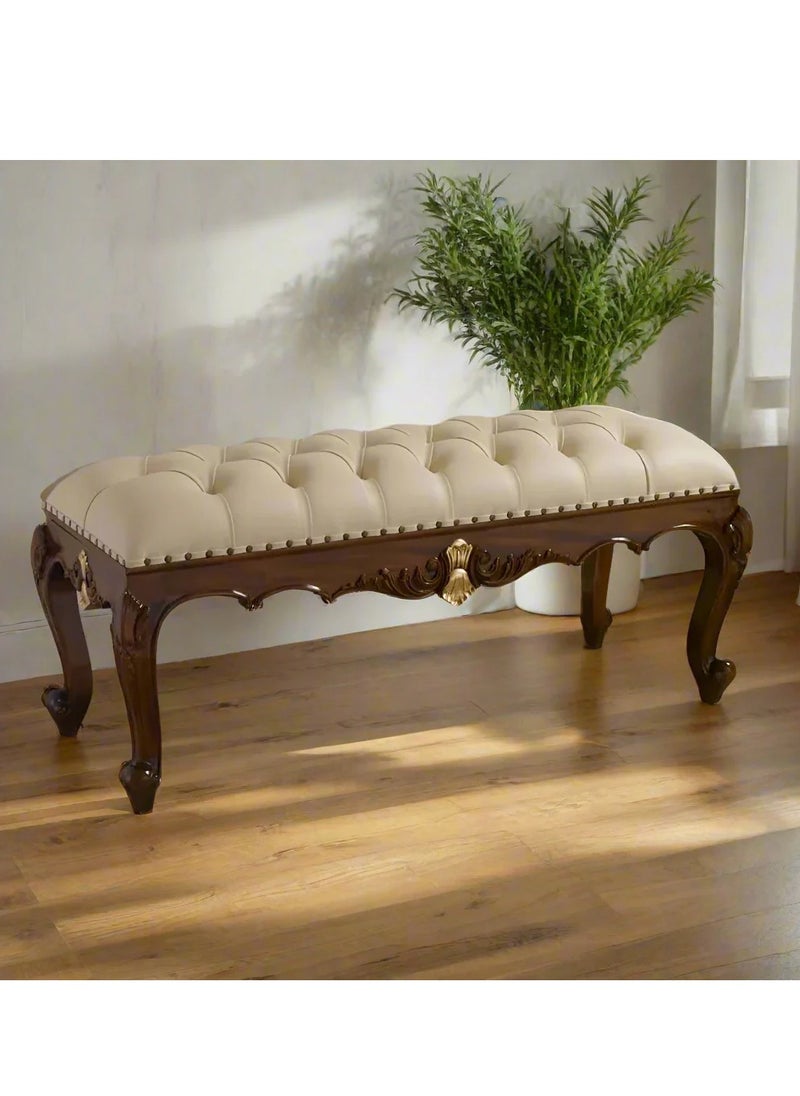 Wooden Twist - Baroque Style Hand Carved Teak Wood Button Tufted Bench (Walnut And Gold Leaf) - Image 1