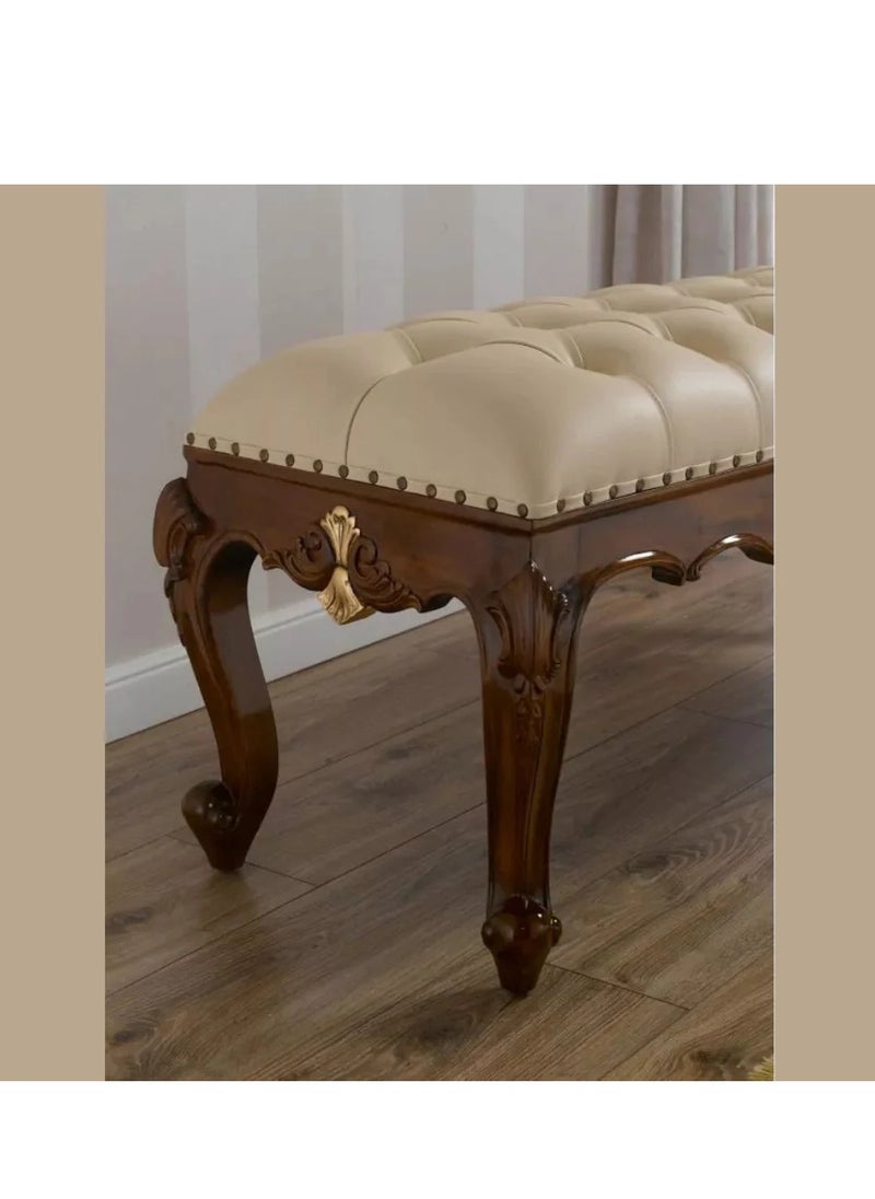 Wooden Twist - Baroque Style Hand Carved Teak Wood Button Tufted Bench (Walnut And Gold Leaf) - Image 1