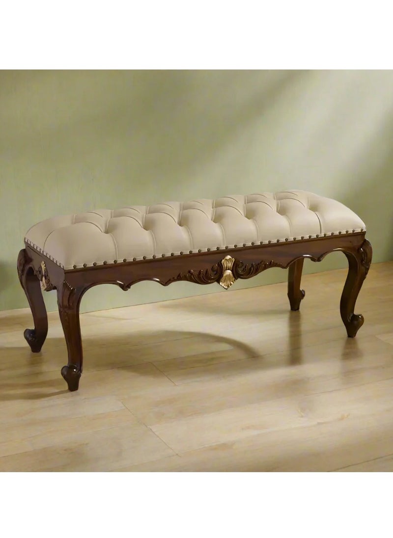 Wooden Twist - Baroque Style Hand Carved Teak Wood Button Tufted Bench (Walnut And Gold Leaf) - Image 1