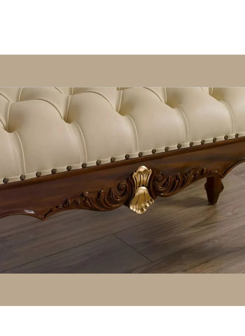 Wooden Twist - Baroque Style Hand Carved Teak Wood Button Tufted Bench (Walnut And Gold Leaf) - Image 1