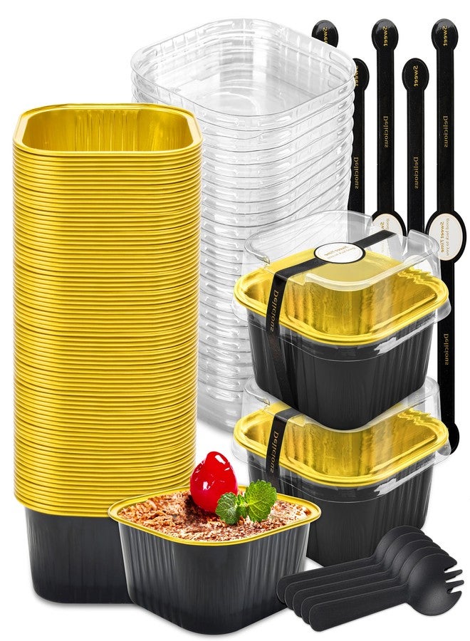 LOKQING مجموعة قوالب كيك صغيرة من لوكينغ، 60 قالبًا مع أغطية، قوالب من رقائق الألومنيوم، قوالب مربعة من الألومنيوم مع أغطية، بطانات كب كيك، هدية مثالية لحفلات أعياد الميلاد وحفلات الزفاف (أسود وذهبي، 5 أونصة) - Image 1