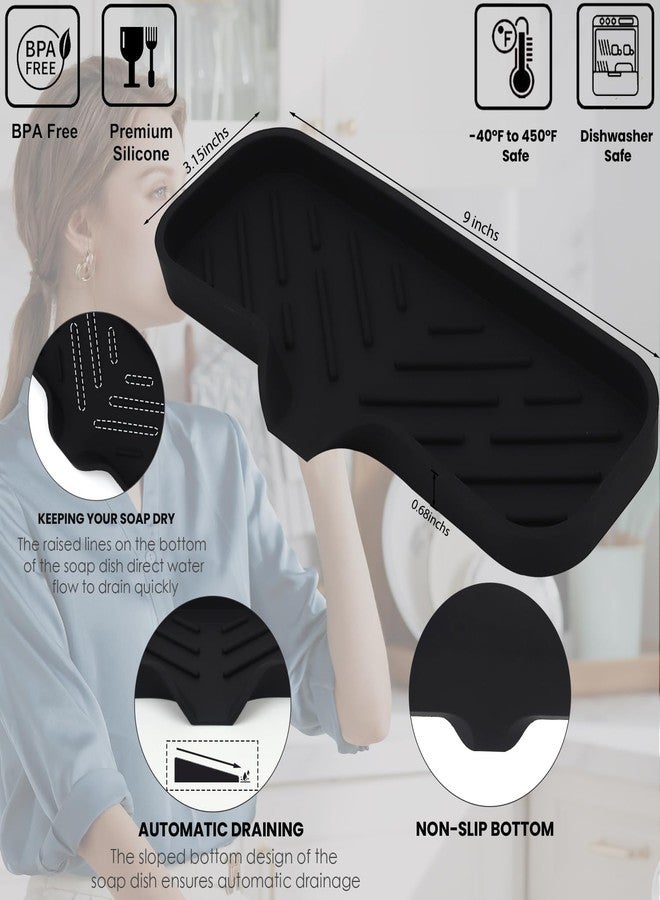 YASMEN Silicone Bathroom Soap Dishes, Sponge Holder for Kitchen Sink, Shower Soap Holder with Drain, Soap Dispenser Tray, Soap Dish for Bottle, Cup, Sink or Counter Organizer - Black 9" x 3.15" - Image 2