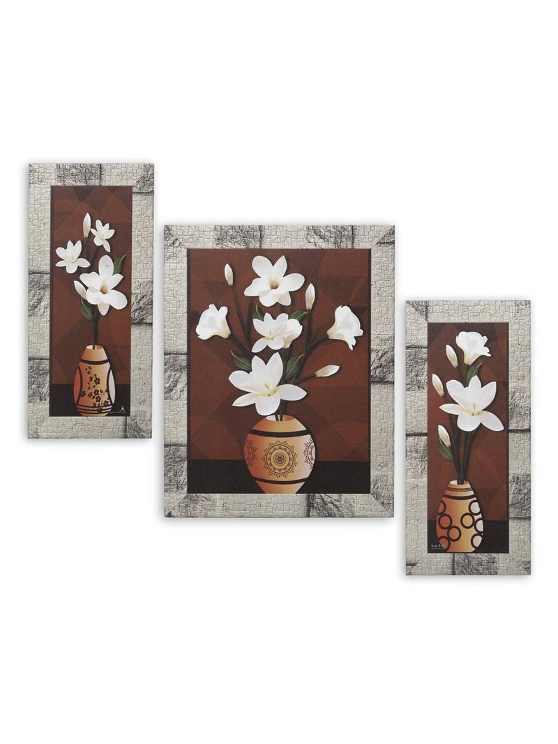 Indianara Set of 3 Flowers in Vases Paintings (2957) Without Glass 6 X 13, 10.2 X 13, 6 X 13 INCH - Image 1