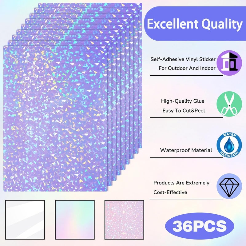 Clabby 36 Sheets Holographic Sticker Paper A4 Vinyl Holographic Laminate Sheets Self Adhesive Waterproof Transparent Film, 11.7 x 8.3 inches (Gem,Rainbow,Star, Clear) - Image 4