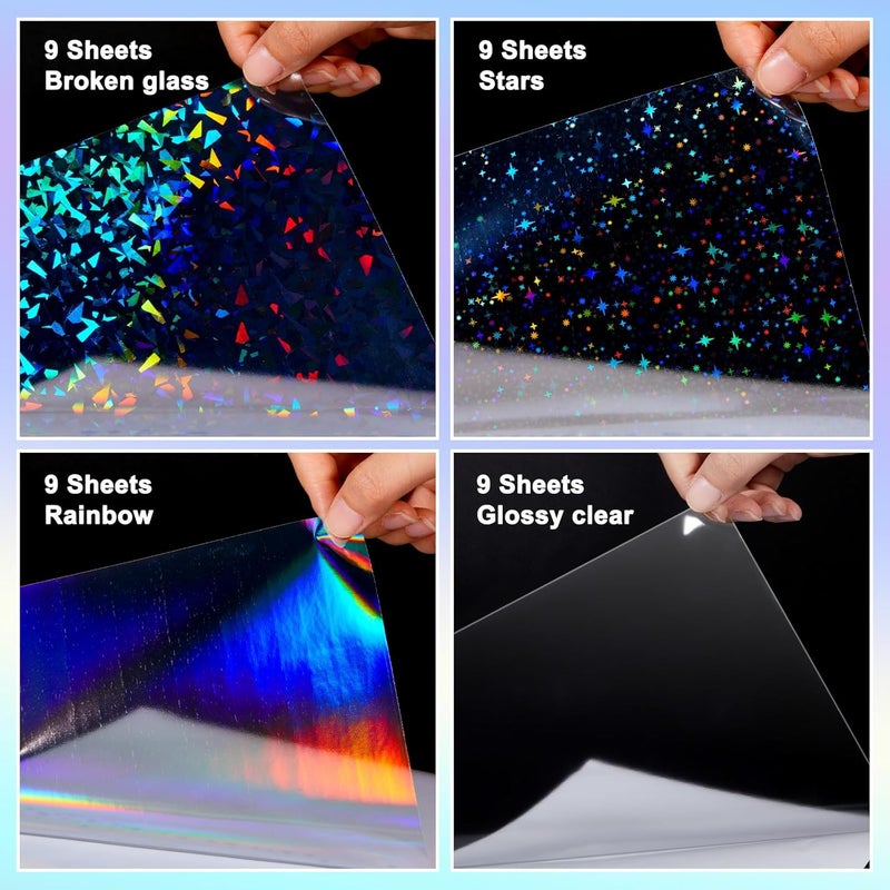 Clabby 36 Sheets Holographic Sticker Paper A4 Vinyl Holographic Laminate Sheets Self Adhesive Waterproof Transparent Film, 11.7 x 8.3 inches (Gem,Rainbow,Star, Clear) - Image 3