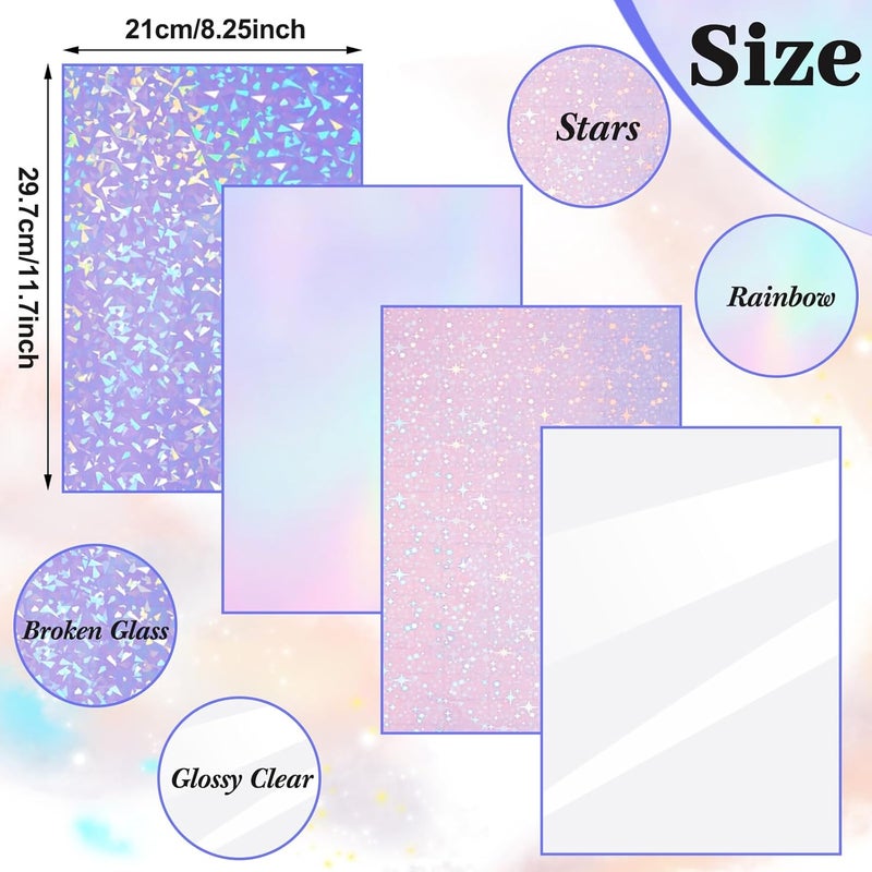 Clabby 36 Sheets Holographic Sticker Paper A4 Vinyl Holographic Laminate Sheets Self Adhesive Waterproof Transparent Film, 11.7 x 8.3 inches (Gem,Rainbow,Star, Clear) - Image 2