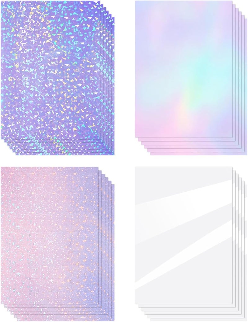 Clabby 36 Sheets Holographic Sticker Paper A4 Vinyl Holographic Laminate Sheets Self Adhesive Waterproof Transparent Film, 11.7 x 8.3 inches (Gem,Rainbow,Star, Clear) - Image 1