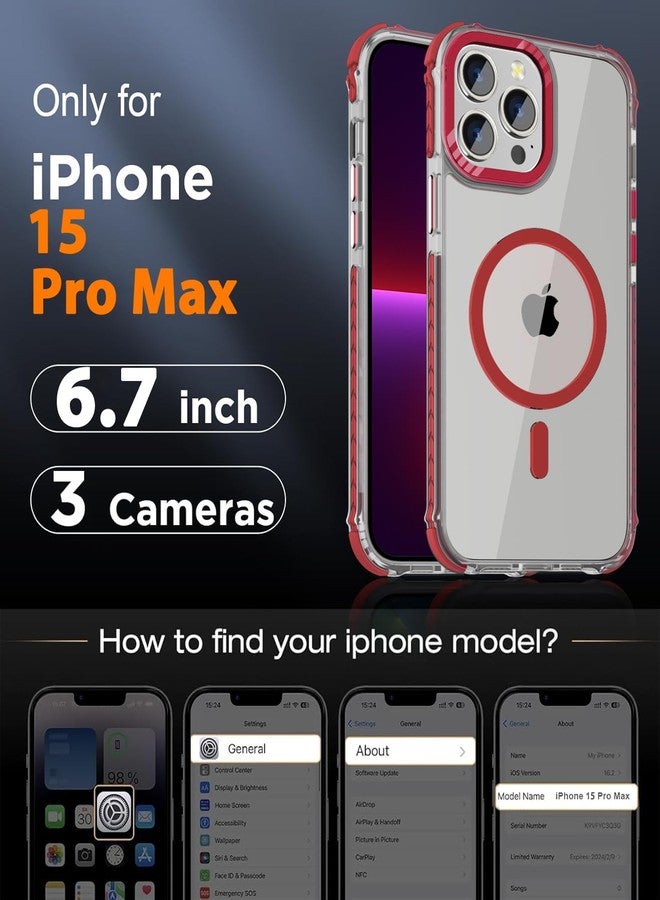 DEERLAMN Strong Magnetic Case for iPhone 15 Pro Max 6.7-Inch,[Compatible with Magsafe] Clear Slim Shockproof Protective Phone Cover for Women Men-Transparent+Red - Image 2