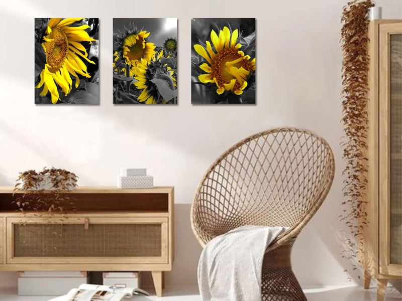 Arjun Sunflowers Canvas Wall Art Yellow Bloosom Flowers Pictures Modern Florals 12"x16"x 3 Panels, Black and White Painting Prints Framed for Bedroom Kitchen Dinning Room Living Room Office Home Décor - Image 4