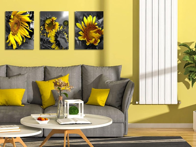 Arjun Sunflowers Canvas Wall Art Yellow Bloosom Flowers Pictures Modern Florals 12"x16"x 3 Panels, Black and White Painting Prints Framed for Bedroom Kitchen Dinning Room Living Room Office Home Décor - Image 2