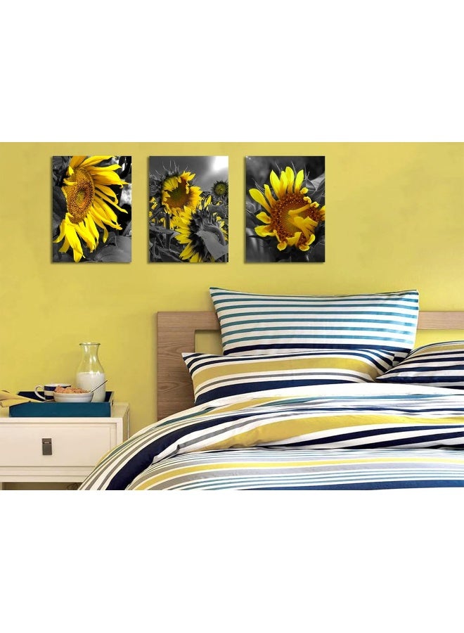 Arjun Sunflowers Canvas Wall Art Yellow Bloosom Flowers Pictures Modern Florals 12"x16"x 3 Panels, Black and White Painting Prints Framed for Bedroom Kitchen Dinning Room Living Room Office Home Décor - Image 3