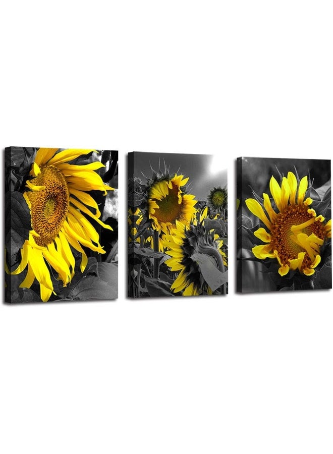Arjun Sunflowers Canvas Wall Art Yellow Bloosom Flowers Pictures Modern Florals 12"x16"x 3 Panels, Black and White Painting Prints Framed for Bedroom Kitchen Dinning Room Living Room Office Home Décor - Image 1