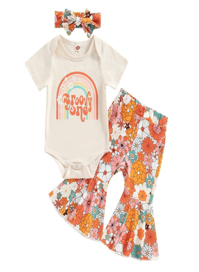 Lamuusaa Toddler Baby Girl Birthday Outfit Groovy One/Two Groovy Romper Shirts Flower Bell Bottoms Headband Boho Clothes - Image 1