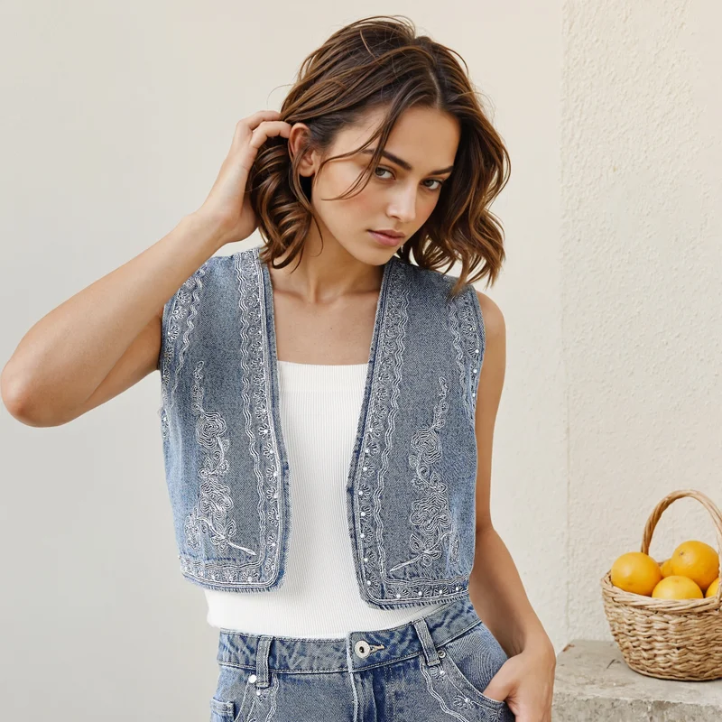 Lee Cooper Lee Cooper Embroidered Denim Sleeveless Crop Jacket