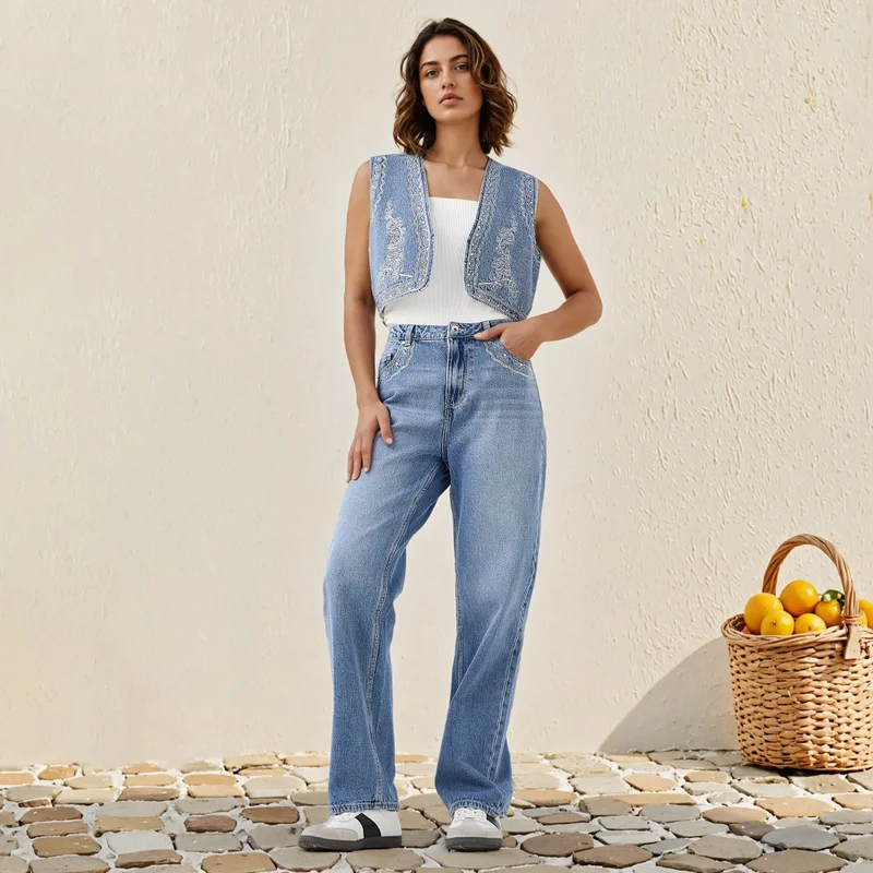Lee Cooper Lee Cooper Embroidered Denim Sleeveless Crop Jacket