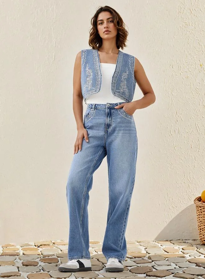 Lee Cooper Lee Cooper Embroidered Denim Sleeveless Crop Jacket