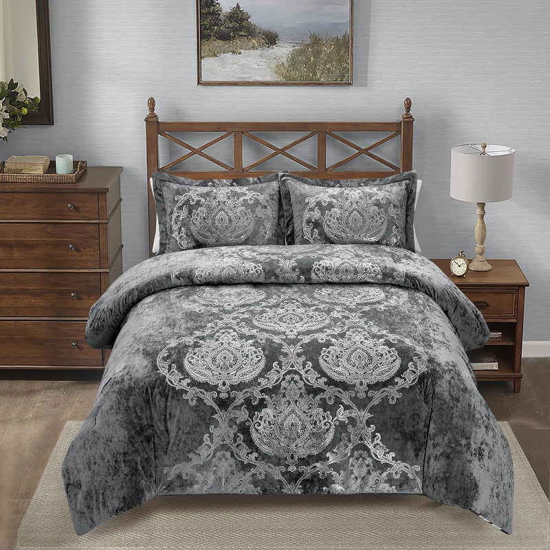 Sunshine Nicole Metallic Print Comforter Set, Distressed Velvet Face with Metallic Foil Print and Brushed Solid Microfiber Reverse, with Light Weight Soft Poly Fill, 3 Pieces Damask Grey Silver, Queen - Image 2