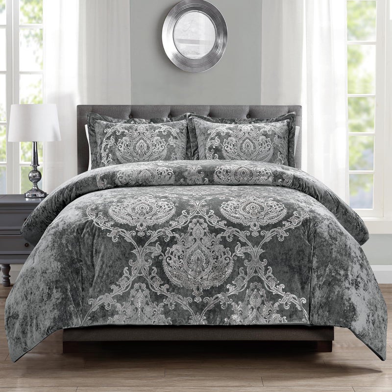 Sunshine Nicole Metallic Print Comforter Set, Distressed Velvet Face with Metallic Foil Print and Brushed Solid Microfiber Reverse, with Light Weight Soft Poly Fill, 3 Pieces Damask Grey Silver, Queen - Image 1