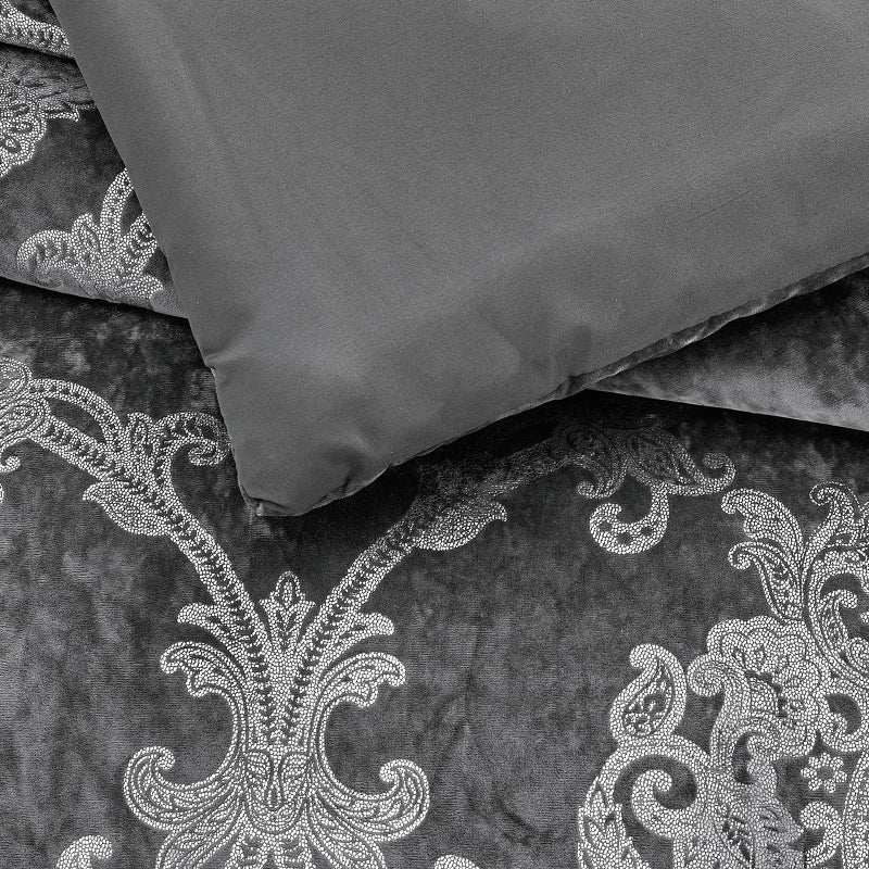 Sunshine Nicole Metallic Print Comforter Set, Distressed Velvet Face with Metallic Foil Print and Brushed Solid Microfiber Reverse, with Light Weight Soft Poly Fill, 3 Pieces Damask Grey Silver, Queen - Image 5