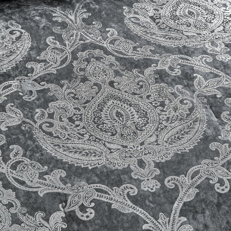 Sunshine Nicole Metallic Print Comforter Set, Distressed Velvet Face with Metallic Foil Print and Brushed Solid Microfiber Reverse, with Light Weight Soft Poly Fill, 3 Pieces Damask Grey Silver, Queen - Image 3